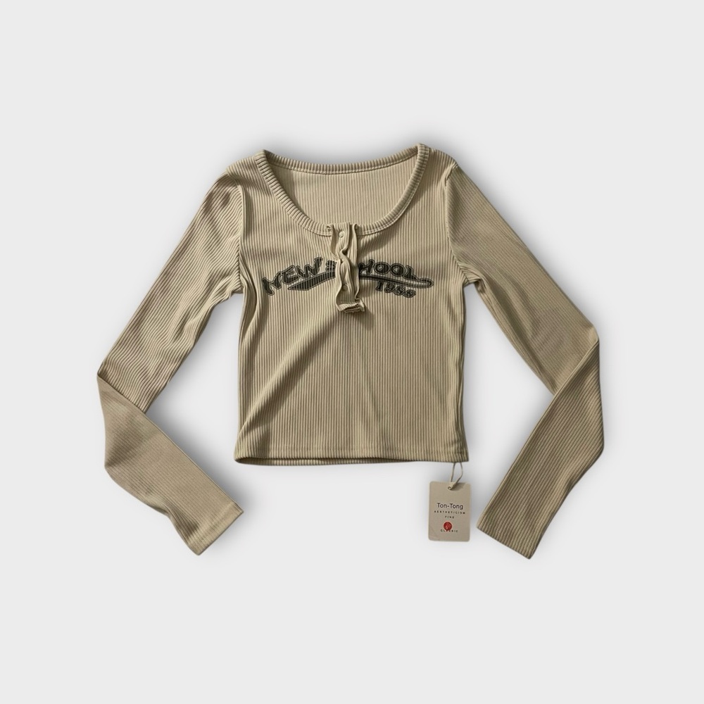Tan Long Sleeve Tie Front Crop Blouse